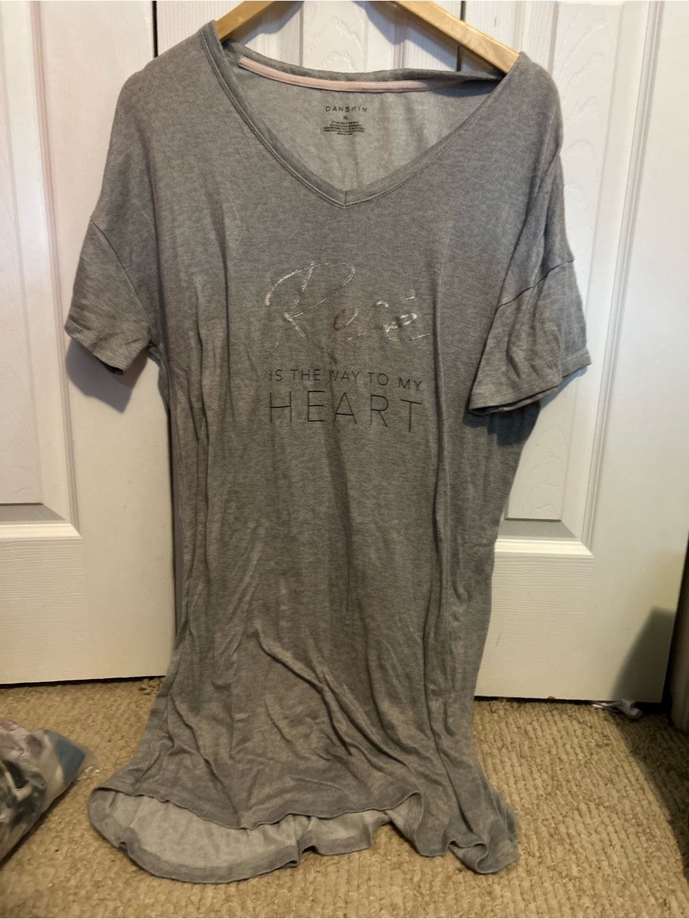Danskin Gray V-Neck Sleep Tee with Metallic Script